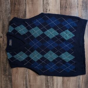 Brooks Brothers 100% Lambswool Argyle V-Neck Vest Size XL In Navy Blue & Green